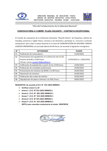 Cronograma 2022 CONCURSO PARA CUBRIR PLAZA VACANTE en la Institución Educativa “Ricardo Palma” de Huaychao, distrito de Huayllay»